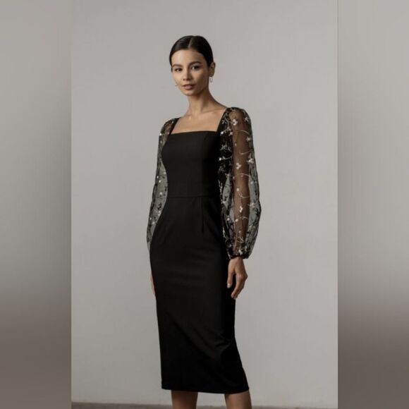 Lichi Sheer Embroidered Floral Puff Sleeve Midi Black Dress Size Medium - Picture 1 of 11
